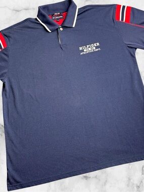 Tommy Hilfiger Athletics Mens XL Polo Shirt Navy Blue Red Mesh Y2K Spellout